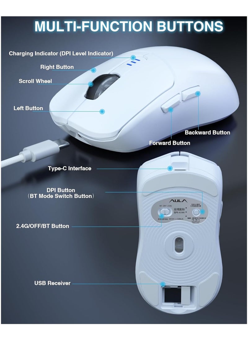 AULA - SC580X Superlight Wireless Gaming Mouse, Tri-Mode 2.4G/BT5.0/USB-C Gaming Mouse, 10000 DPI Rechargeable Wireless Mouse with 6 Programmable Buttons, Ergonomic Computer Mouse for Laptop/PC/Mac/Tablet - Image 1