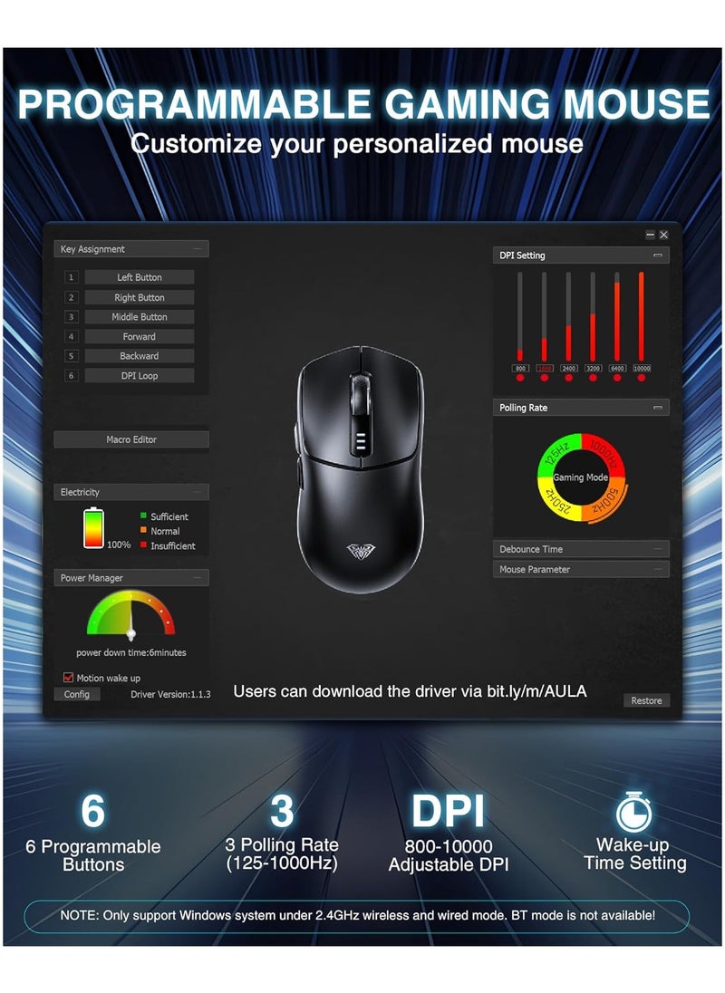 AULA - SC580X Superlight Wireless Gaming Mouse, Tri-Mode 2.4G/BT5.0/USB-C Gaming Mouse, 10000 DPI Rechargeable Wireless Mouse with 6 Programmable Buttons, Ergonomic Computer Mouse for Laptop/PC/Mac/Tablet - Image 1