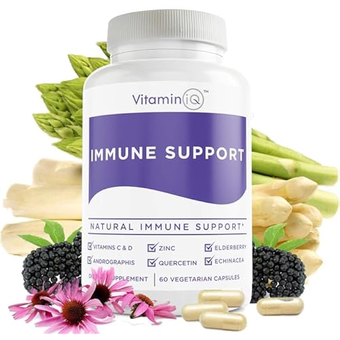 VitaminIQ Immune Support Supplement with Vitamin C and Zinc, Sambucus Elderberry, Vitamin D3, Glutathione, Echinacea Capsules - Natural Immune Booster Herbal Supplements - Vegan, Gluten-Free (60ct) - Image 1