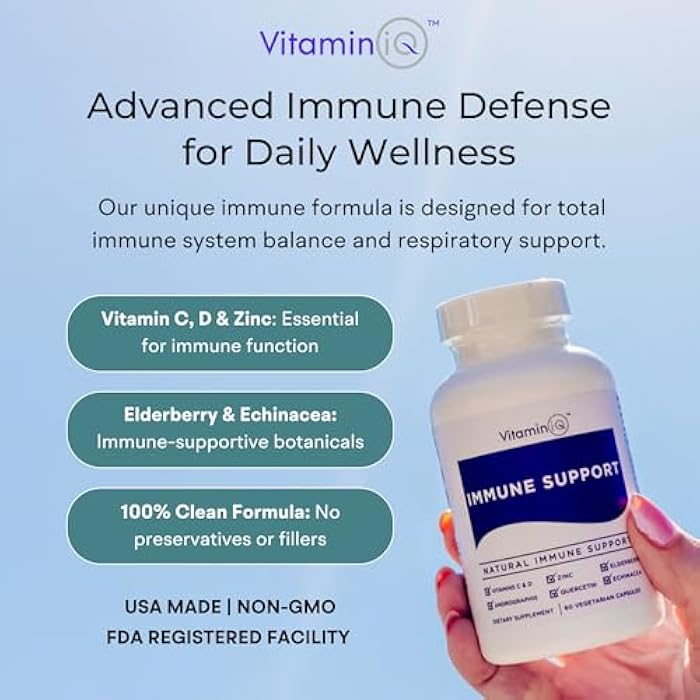 VitaminIQ Immune Support Supplement with Vitamin C and Zinc, Sambucus Elderberry, Vitamin D3, Glutathione, Echinacea Capsules - Natural Immune Booster Herbal Supplements - Vegan, Gluten-Free (60ct) - Image 2