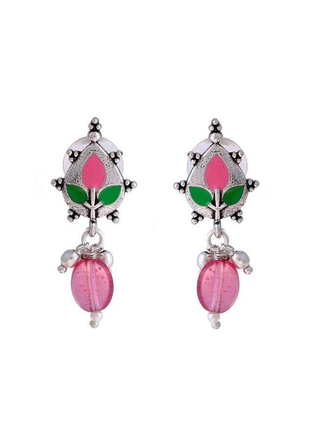Voylla Silver Brass Pink Colourful Drop Earrings with Beads for Women and Girls - Image 1