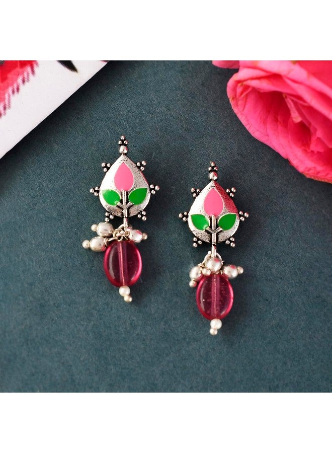 Voylla Silver Brass Pink Colourful Drop Earrings with Beads for Women and Girls - Image 2