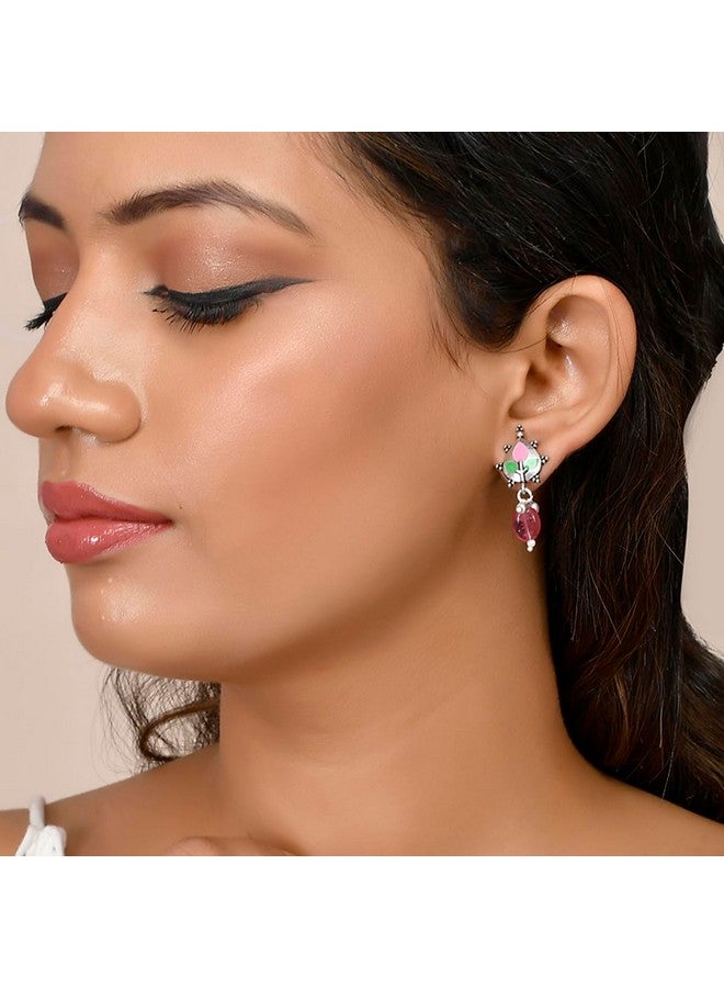 Voylla Silver Brass Pink Colourful Drop Earrings with Beads for Women and Girls - Image 3