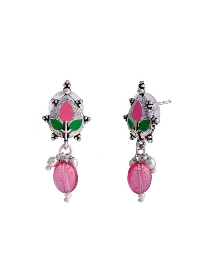 Voylla Silver Brass Pink Colourful Drop Earrings with Beads for Women and Girls - Image 4