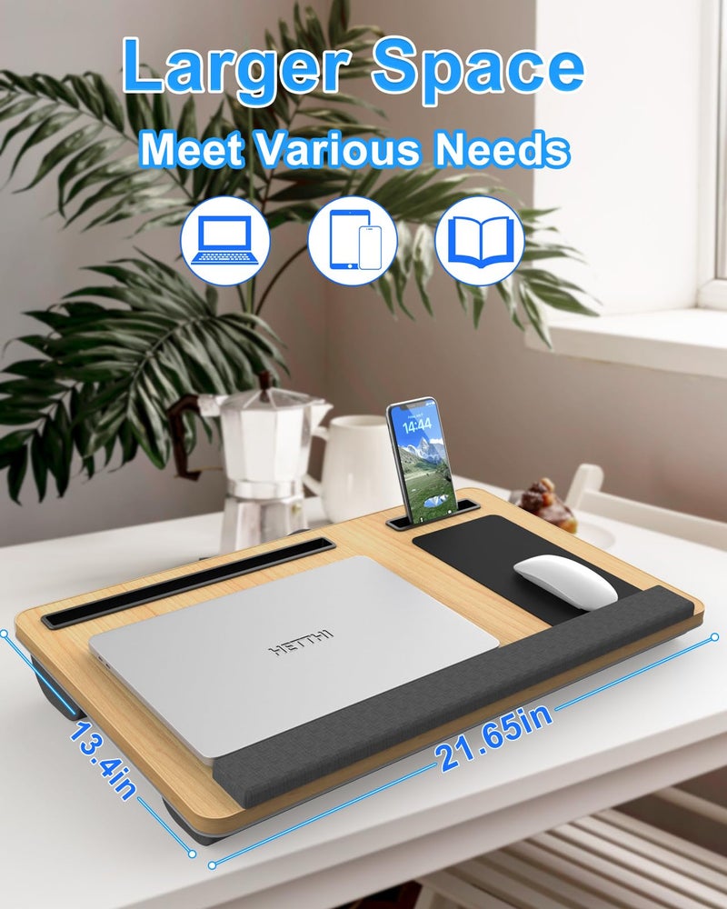 HETTHI Laptop Lap Desk, Portable Large Laptop Desk for Bed, Up to 17 in Lap Table with Wrist Rest, Mouse Pad, Tablet Phone Slot, Portable Handle, Cushion (Light Brown) - Image 2