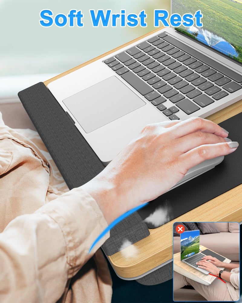 HETTHI Laptop Lap Desk, Portable Large Laptop Desk for Bed, Up to 17 in Lap Table with Wrist Rest, Mouse Pad, Tablet Phone Slot, Portable Handle, Cushion (Light Brown) - Image 3