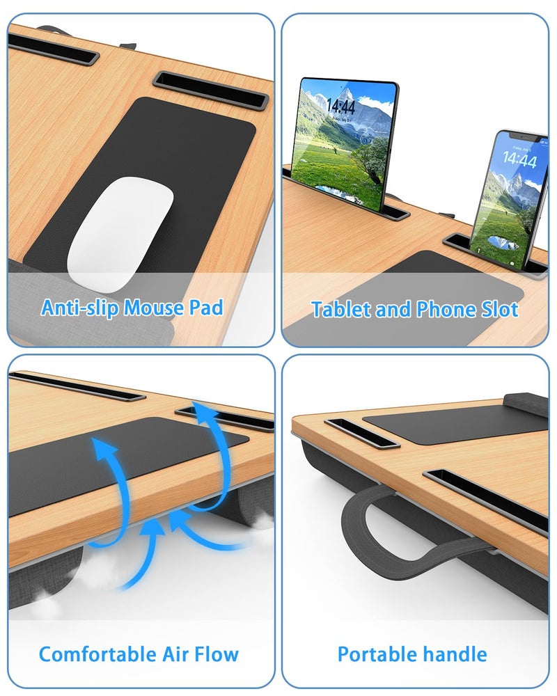 HETTHI Laptop Lap Desk, Portable Large Laptop Desk for Bed, Up to 17 in Lap Table with Wrist Rest, Mouse Pad, Tablet Phone Slot, Portable Handle, Cushion (Light Brown) - Image 4
