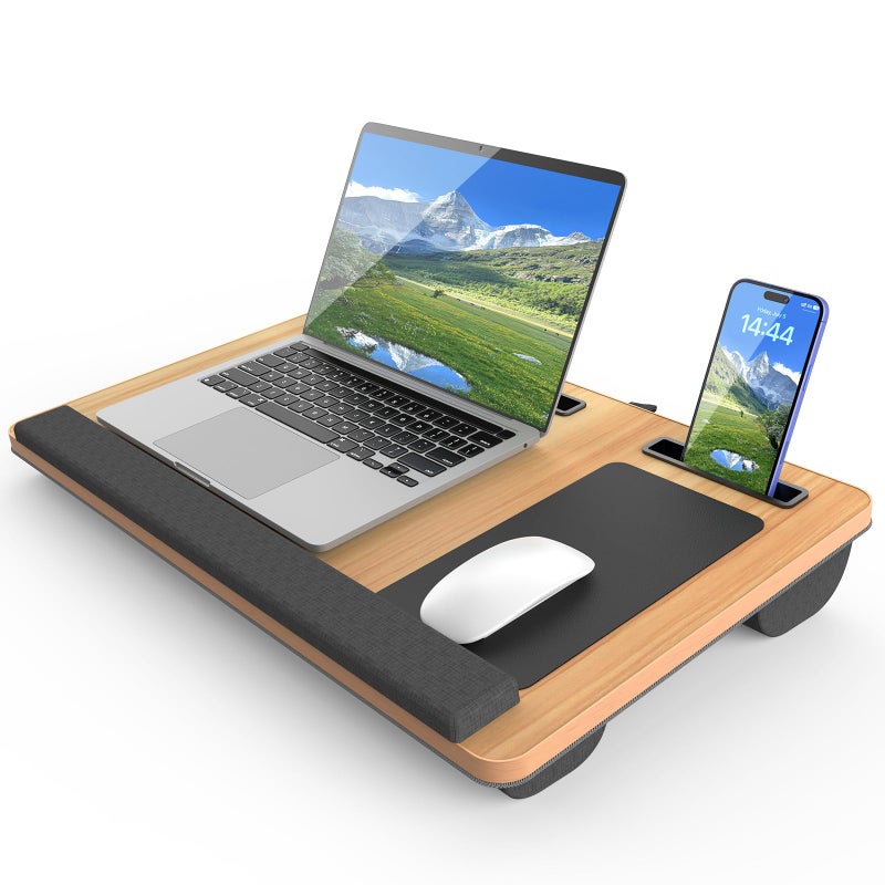 HETTHI Laptop Lap Desk, Portable Large Laptop Desk for Bed, Up to 17 in Lap Table with Wrist Rest, Mouse Pad, Tablet Phone Slot, Portable Handle, Cushion (Light Brown) - Image 1