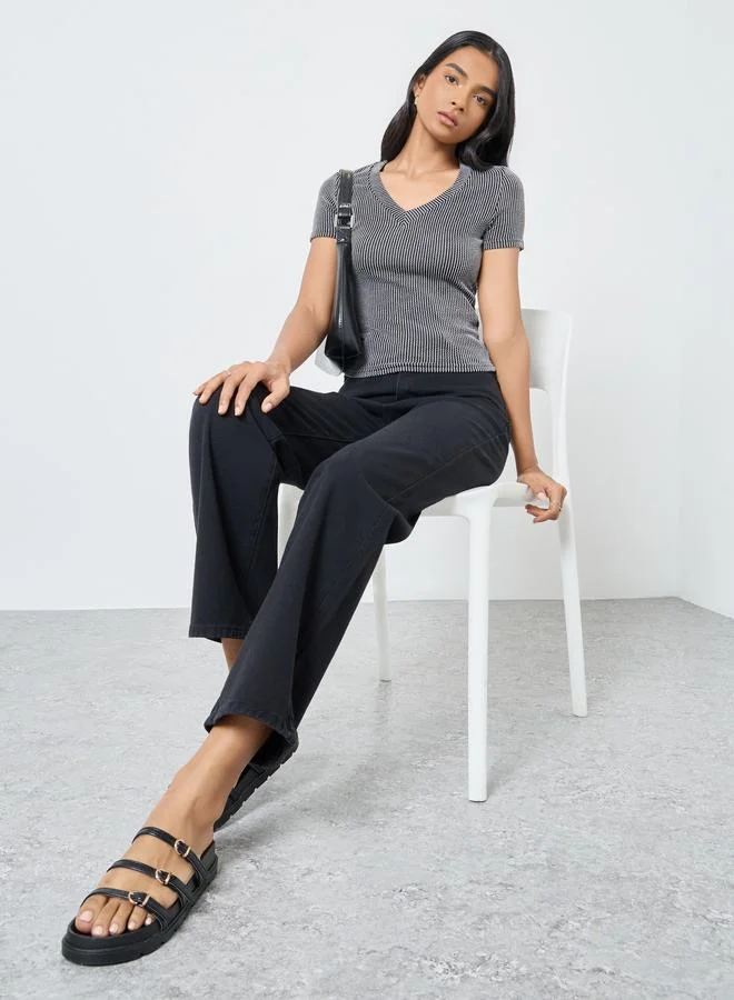 تايك تو Take Two Solid Mid Rise Wide Leg Jeans