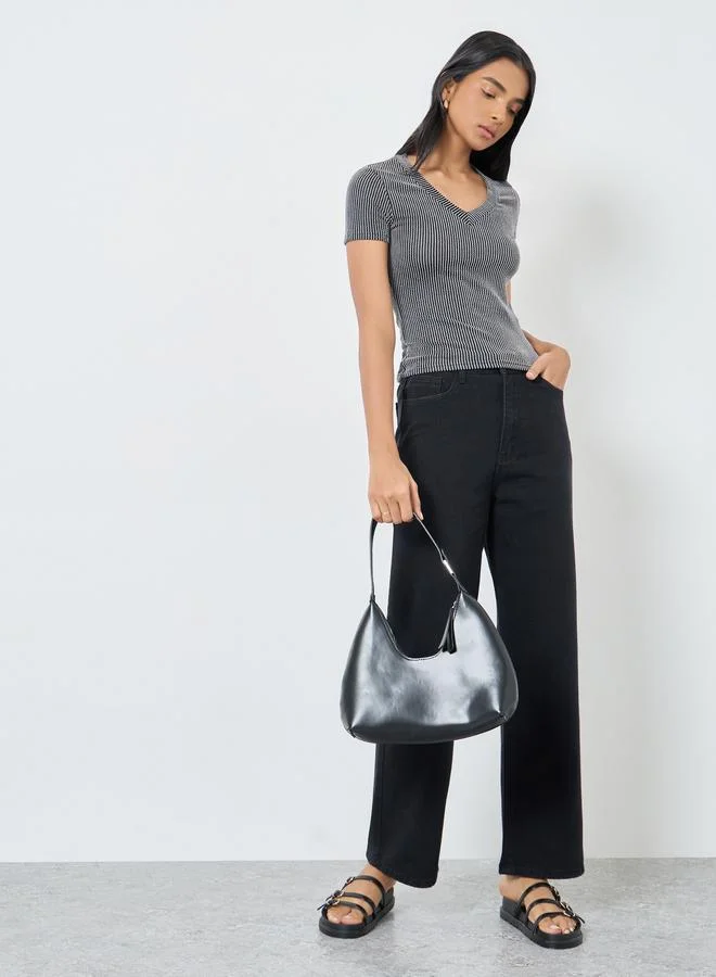تايك تو Take Two Solid Mid Rise Wide Leg Jeans