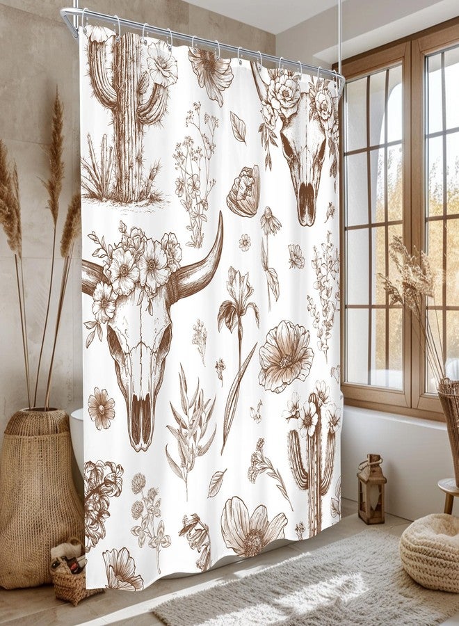 MESHELLY Western Cow Skull Shower Curtain 60Wx72H Brown Rustic Aztec Country Cactus West Desert Abstract Tribal Wildflower Bathroom Curtain Plant Bath Curtain Bathroom Accessories Decor with 12 Hooks - Image 2