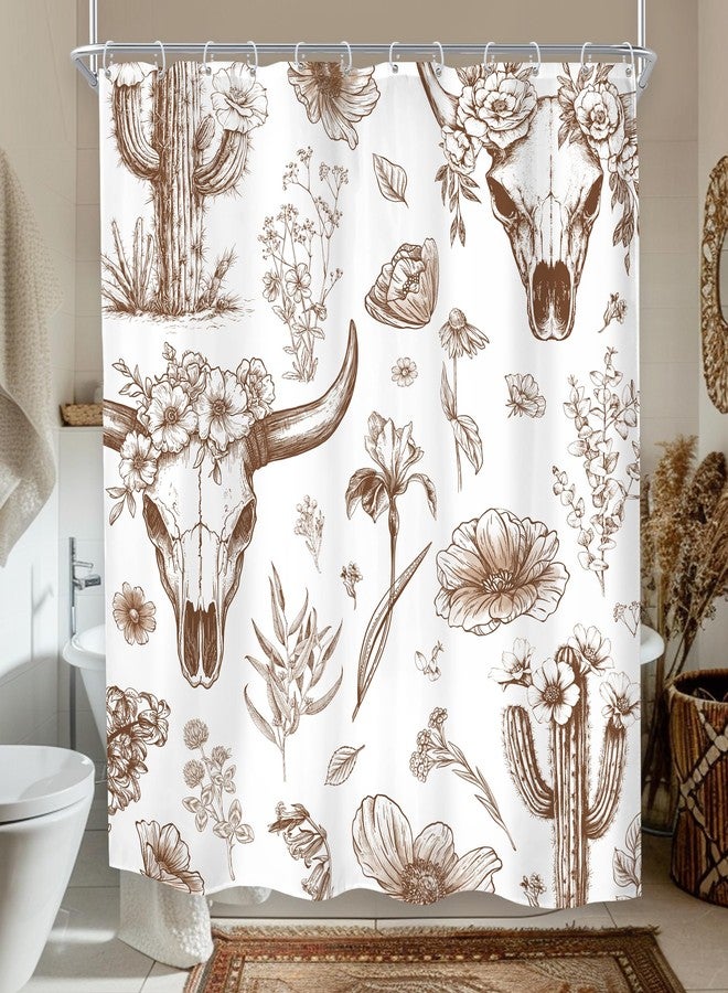 MESHELLY Western Cow Skull Shower Curtain 60Wx72H Brown Rustic Aztec Country Cactus West Desert Abstract Tribal Wildflower Bathroom Curtain Plant Bath Curtain Bathroom Accessories Decor with 12 Hooks - Image 3