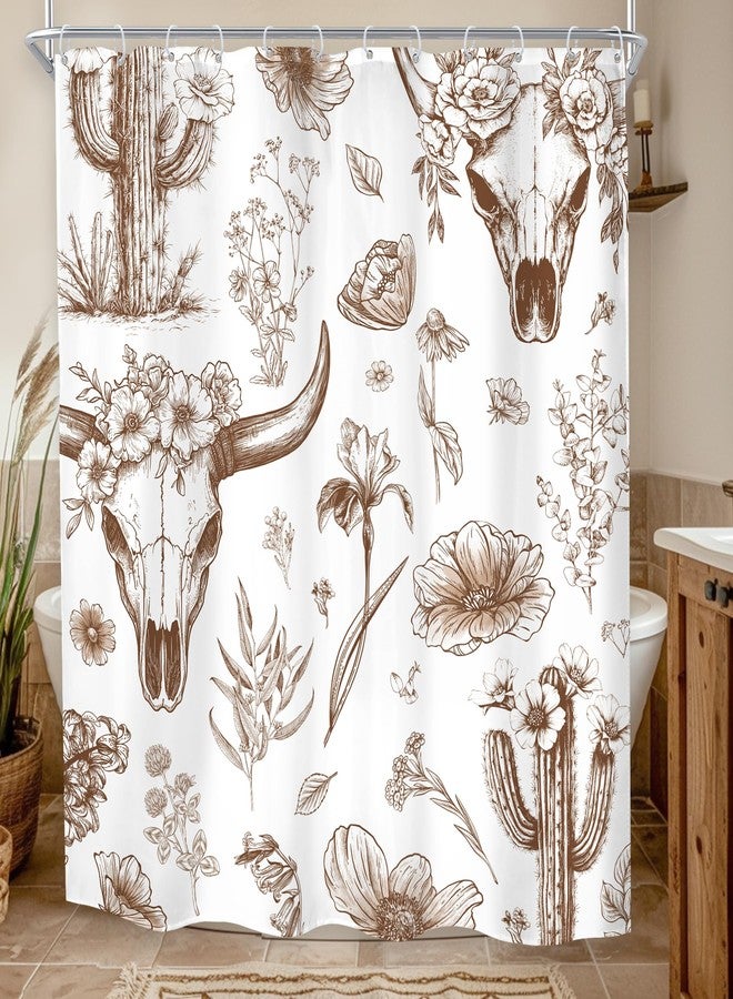 MESHELLY Western Cow Skull Shower Curtain 60Wx72H Brown Rustic Aztec Country Cactus West Desert Abstract Tribal Wildflower Bathroom Curtain Plant Bath Curtain Bathroom Accessories Decor with 12 Hooks - Image 1