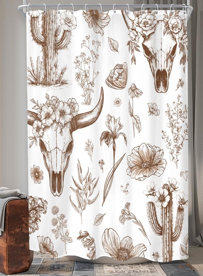 MESHELLY Western Cow Skull Shower Curtain 60Wx72H Brown Rustic Aztec Country Cactus West Desert Abstract Tribal Wildflower Bathroom Curtain Plant Bath Curtain Bathroom Accessories Decor with 12 Hooks - Image 4
