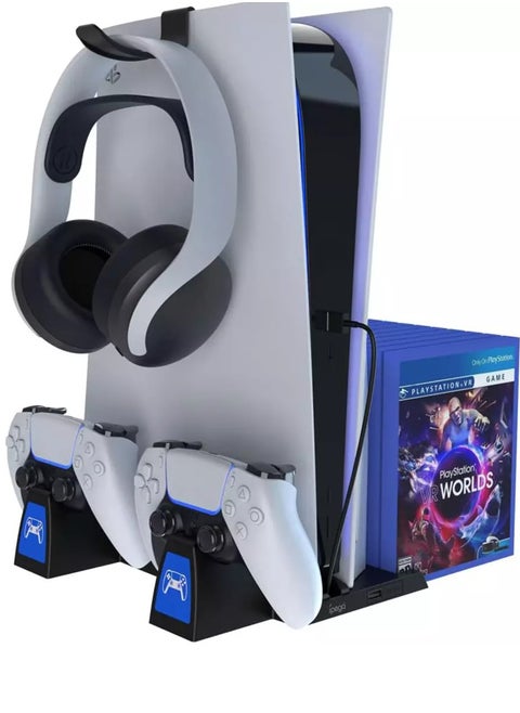 حامل متعدد الوظائف لوحدة تحكم PS5 - شحن وحدتي تحكم PS5 - تخزين ما يصل إلى 14 قرص لعبة - حامل سماعات رأس أو نظارات الواقع الافتراضي