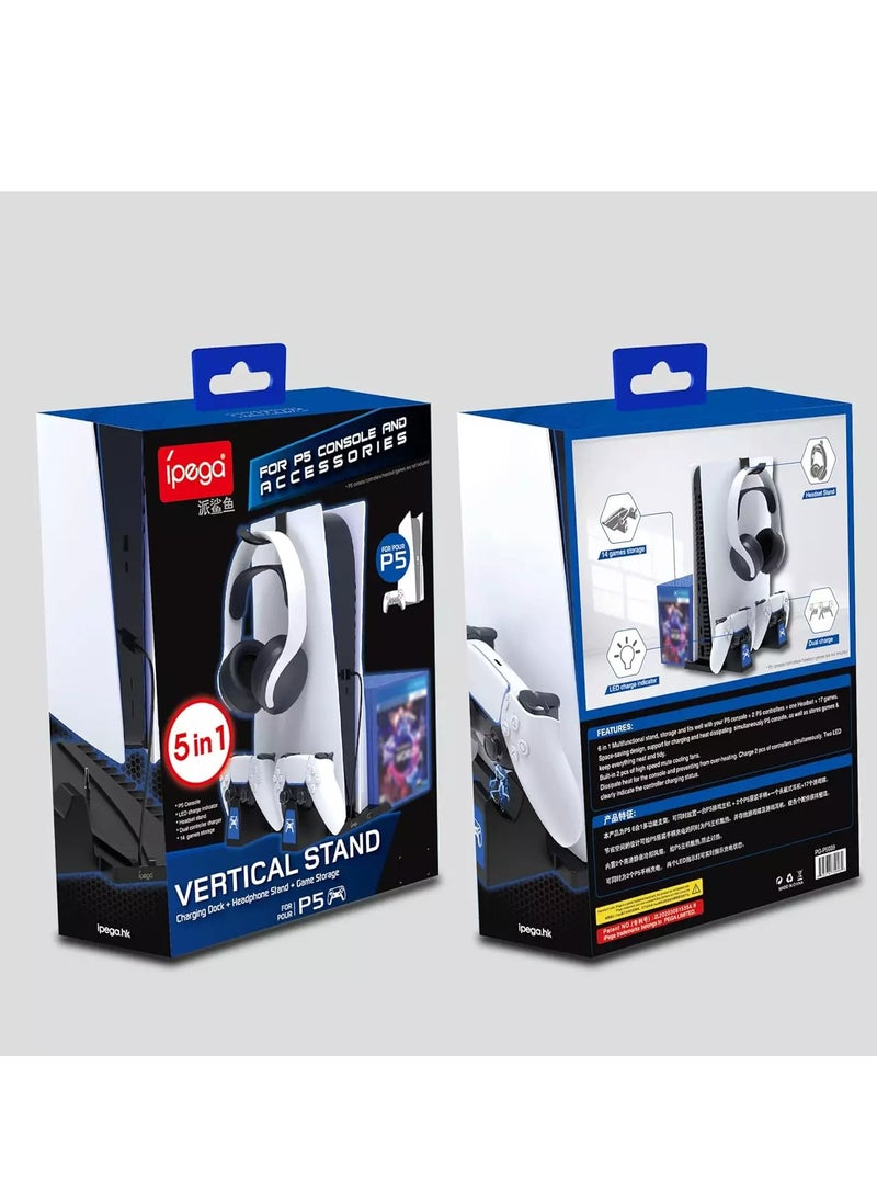 Ipega - Multifunctional PS5 Console Stand - Charge 2 PS5 controllers - Storage up to 14 game discs - headphones or VR glasses Stand - Image 1