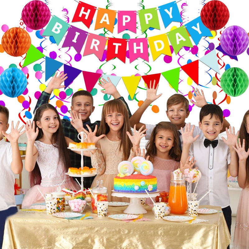 Fecedy Happy Birthday Banner With Colorful Paper Flag Bunting Paper Circle Confetti Garland Swirl Streamers Honeycomb ball for Birthday Party Decorations - Image 4
