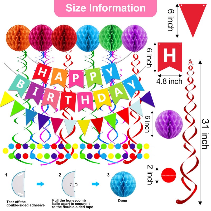 Fecedy Happy Birthday Banner With Colorful Paper Flag Bunting Paper Circle Confetti Garland Swirl Streamers Honeycomb ball for Birthday Party Decorations - Image 2