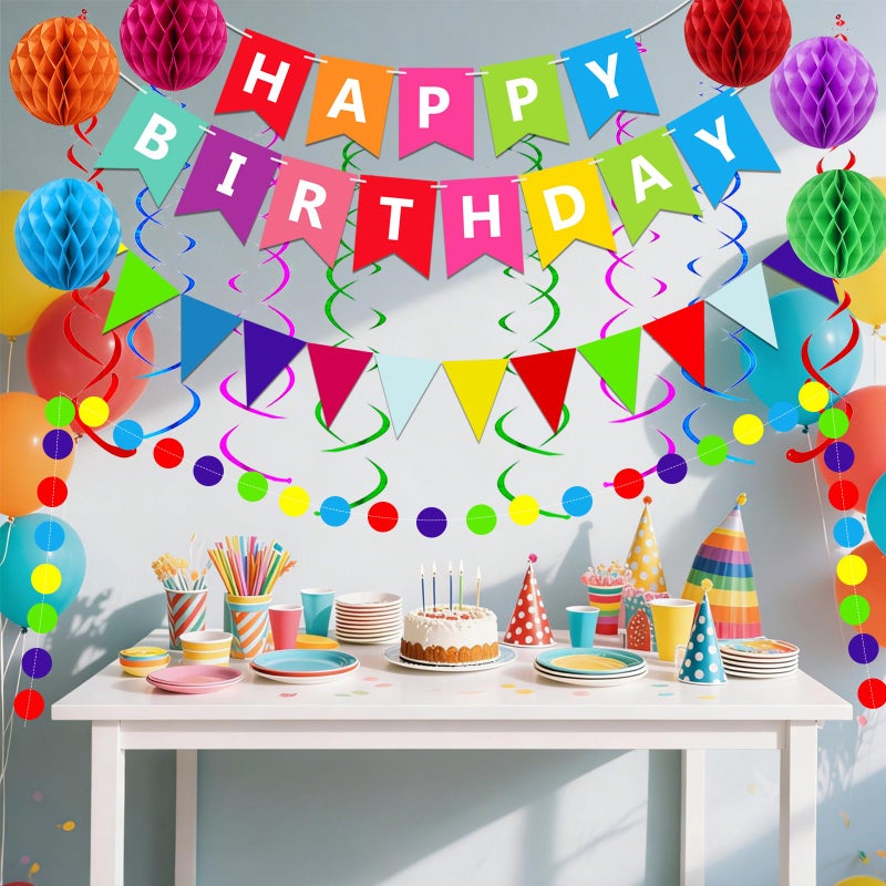 Fecedy Happy Birthday Banner With Colorful Paper Flag Bunting Paper Circle Confetti Garland Swirl Streamers Honeycomb ball for Birthday Party Decorations - Image 5