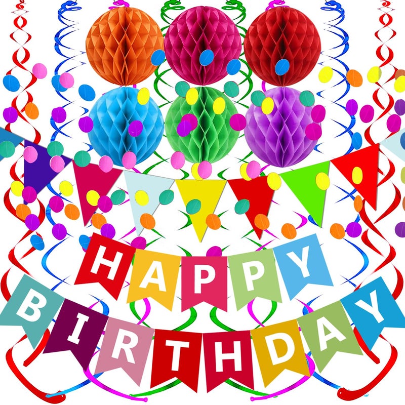 Fecedy Happy Birthday Banner With Colorful Paper Flag Bunting Paper Circle Confetti Garland Swirl Streamers Honeycomb ball for Birthday Party Decorations - Image 1