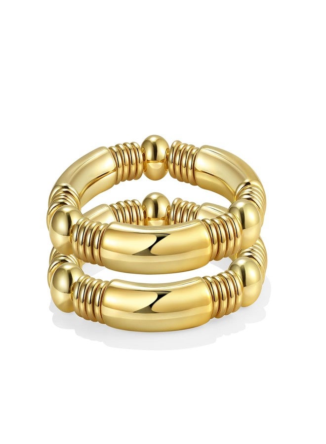 14K Gold Plated Bangles Bracelet for Women Chunky Curved Stacking Plated Bead Ball Stretchable Bracelets（2PCS)
