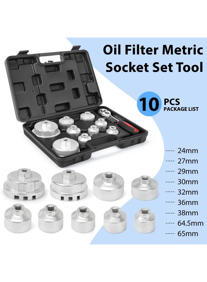 طقم مفاتيح غطاء فلتر الزيت (10 قطع) بمقابس مترية، بقياس من 24 إلى 65 مم، لمحركات 1.8 لتر، 2.5 لتر، 5.7 لتر. - Image 2