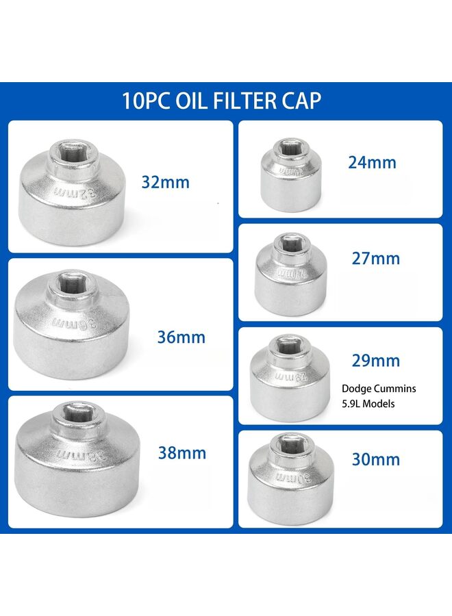 طقم مفاتيح غطاء فلتر الزيت (10 قطع) بمقابس مترية، بقياس من 24 إلى 65 مم، لمحركات 1.8 لتر، 2.5 لتر، 5.7 لتر. - Image 3