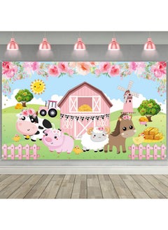 Tatuo Farm Animals Theme Party Decorations, Pink Flowers Floral Barn Backdrop Banner For Grass Children Birthday Party Supplies, Farm Animals Scenic Background Photo Booth Banner, 72.8 X 43.3 Inch  - Image 1