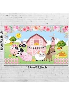 Tatuo Farm Animals Theme Party Decorations, Pink Flowers Floral Barn Backdrop Banner For Grass Children Birthday Party Supplies, Farm Animals Scenic Background Photo Booth Banner, 72.8 X 43.3 Inch  - Image 2