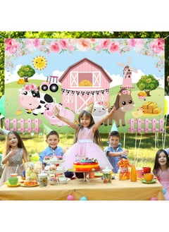 Tatuo Farm Animals Theme Party Decorations, Pink Flowers Floral Barn Backdrop Banner For Grass Children Birthday Party Supplies, Farm Animals Scenic Background Photo Booth Banner, 72.8 X 43.3 Inch  - Image 4