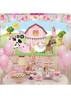 Tatuo Farm Animals Theme Party Decorations, Pink Flowers Floral Barn Backdrop Banner For Grass Children Birthday Party Supplies, Farm Animals Scenic Background Photo Booth Banner, 72.8 X 43.3 Inch  - Image 5