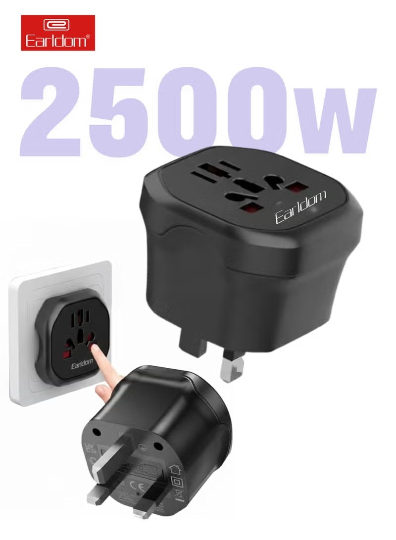 Earldom SC26UK Universal Travel Adapter Power Strip 4-in-1 International Plug Converter, UK US EU AU Plug Types, 2500W Multi Socket with Surge Protection, Compact Child-Safe Travel Charger for International Use - Image 1