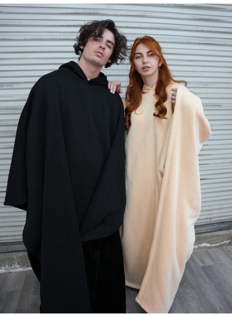 Thickened Flannel Warm Shawl Blanket, Oversized Long Sleeve Hoodie,Suitable forHome and Office Use, Unisex—Black - Image 2