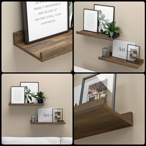 Boswillon Floating Shelves for Wall, Wall Mounted Shelves Set of 2, Rustic Shelves with Lip, Display Picture Ledge Shelf for Wall Decor Living Room Bathroom Kitchen - Brown - Image 3