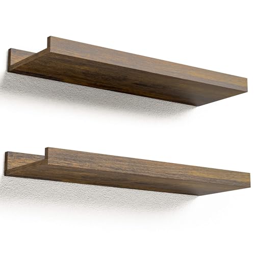 Boswillon Floating Shelves for Wall, Wall Mounted Shelves Set of 2, Rustic Shelves with Lip, Display Picture Ledge Shelf for Wall Decor Living Room Bathroom Kitchen - Brown - Image 1