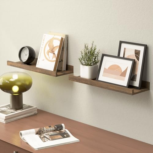 Boswillon Floating Shelves for Wall, Wall Mounted Shelves Set of 2, Rustic Shelves with Lip, Display Picture Ledge Shelf for Wall Decor Living Room Bathroom Kitchen - Brown - Image 4