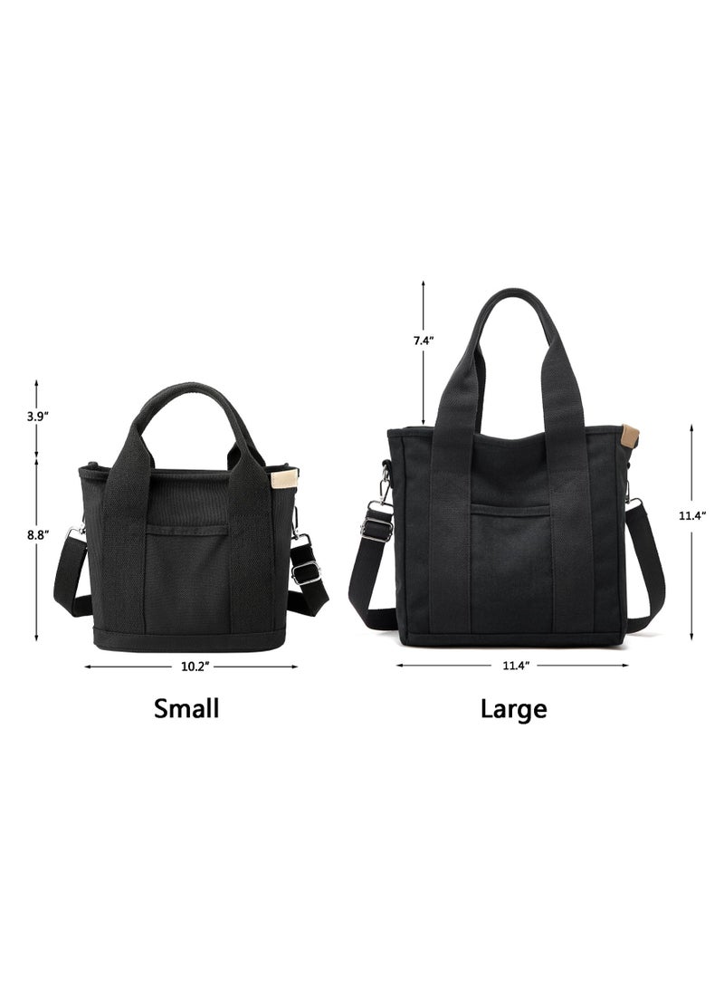 Large Canvas Tote Bag for Women, Zippered Crossbody Shoulder Handbag, Black - Image 3