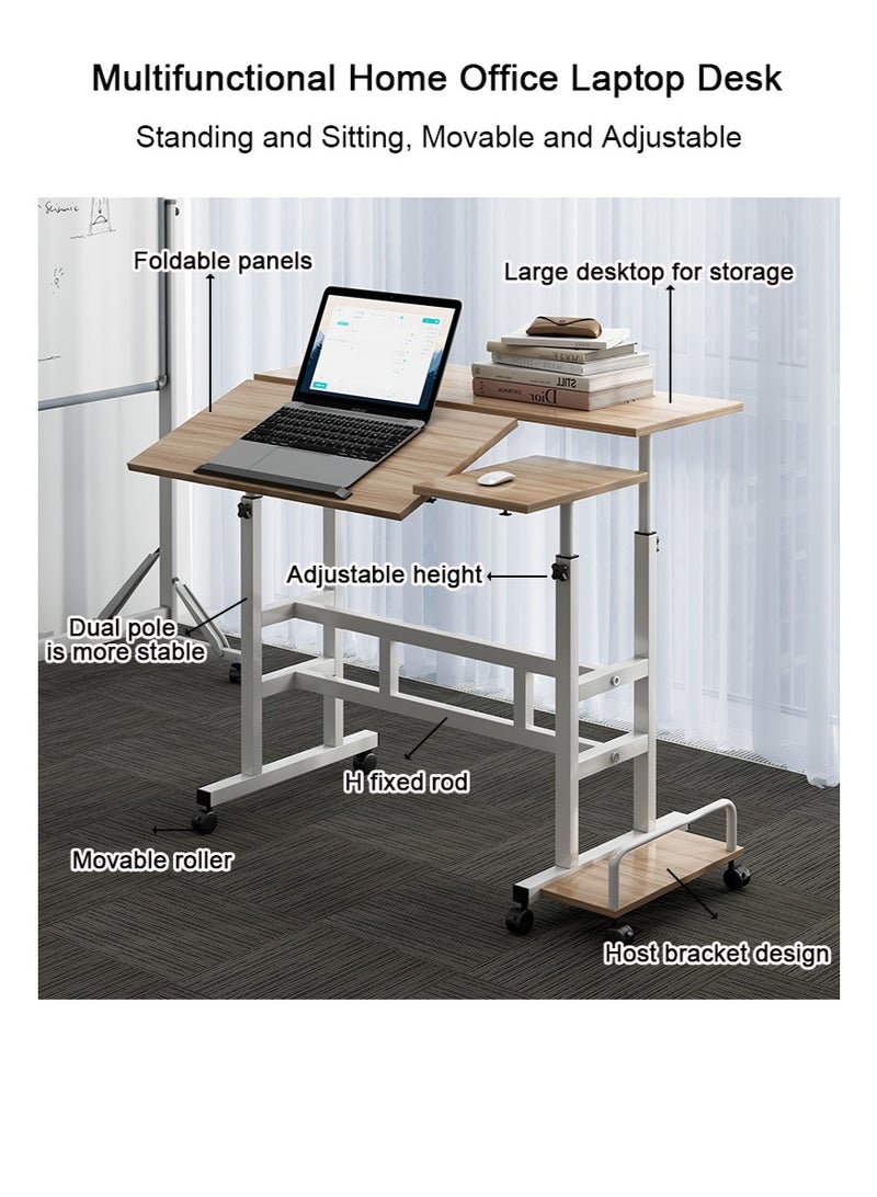 VUCATIN Sit Stand Home Office Desk, Height Adjustable Standing Desk, Multifunctional Laptop Table with Side Storage Shelf, Mobile Computer Workstation (Wood Color) - Image 3