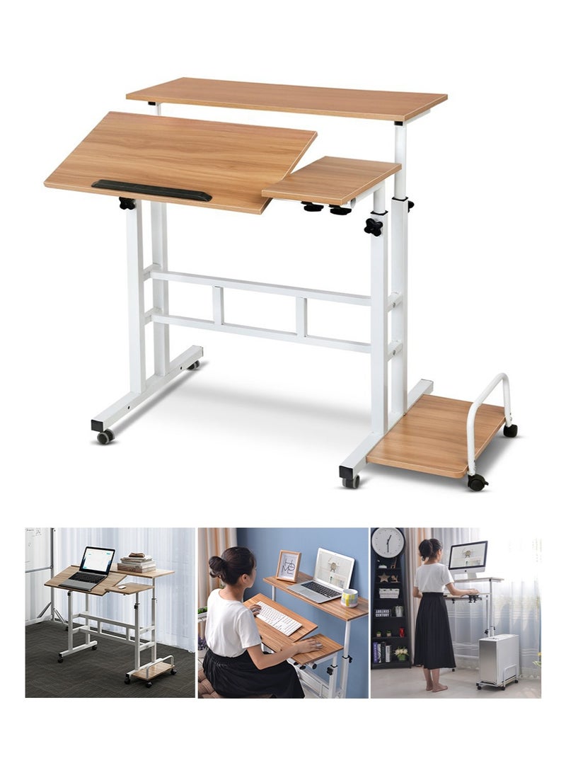 VUCATIN Sit Stand Home Office Desk, Height Adjustable Standing Desk, Multifunctional Laptop Table with Side Storage Shelf, Mobile Computer Workstation (Wood Color) - Image 1