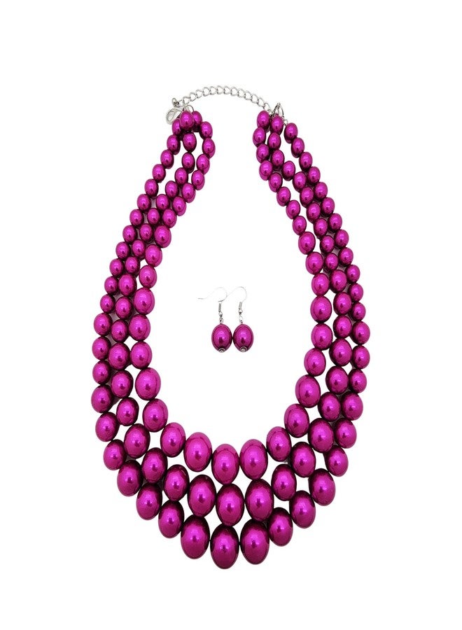 فاشون 21 طقم عقد وأقراط نسائي من اللؤلؤ الصناعي بثلاثة خيوط متعددة من Fashion 21 (لون فوشيا) - Image 4