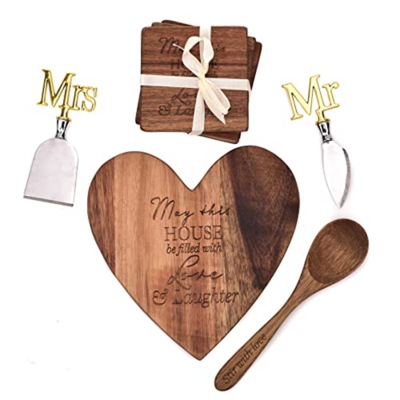 Wedding Cheese Board Gift Set - Coaster/Spoon/ - Mr and Mrs - Image 1