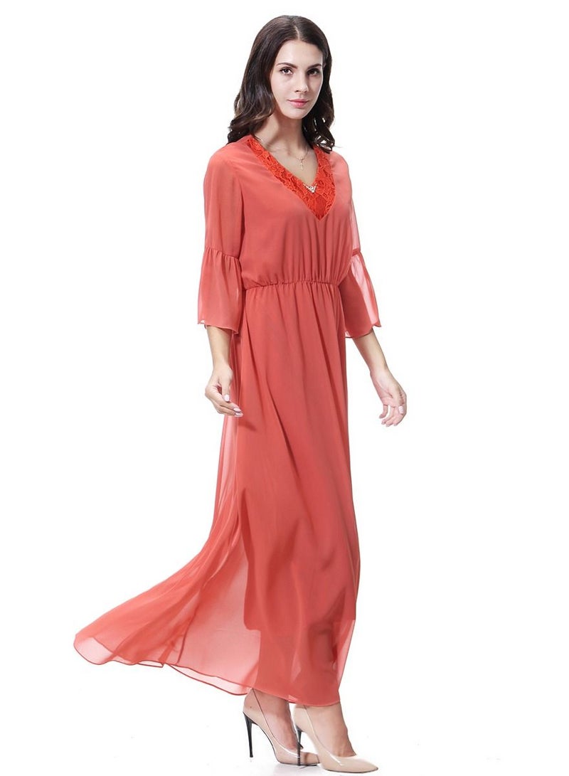 Loquat Women's Solid Color V- Neck Flared Sleeve Chiffon Maxi Long Dress Robe Orange  - Image 2