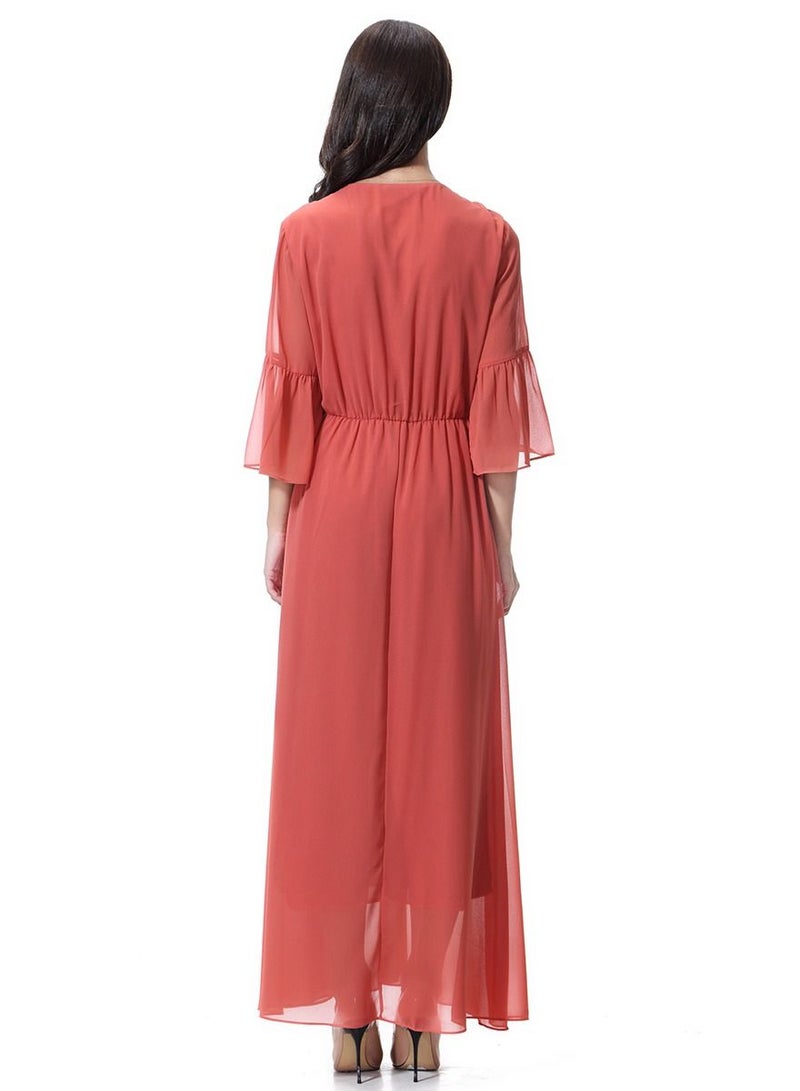 Loquat Women's Solid Color V- Neck Flared Sleeve Chiffon Maxi Long Dress Robe Orange  - Image 3