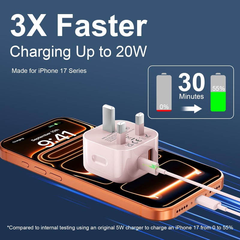 DiHines USB C Charger for iPhone 17 16 15 Charger 20W Fast Charger USB C Plug and Cable, 2 Pack Type C UK Wall Phone Power Adapter USBC Lead for iPhone 17/16/15/Pro/Max/Air/Plus/iPad/Samsung S25 Ultra/S24/S23 - Image 2