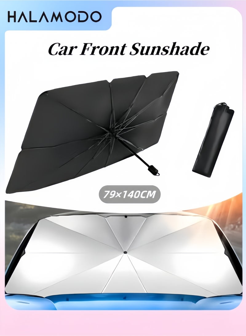 Halamodo Car Sun Umbrella with Leather Storage Bag Front Windshield Sun Shade Umbrella Sun Protection Heat Insulation Sun Block Foldable Scalable Umbrella for Most Vehicles - Image 1
