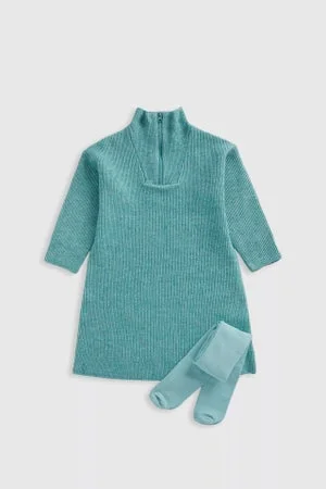 mothercare Aqua Knitted Dress and Tights Set