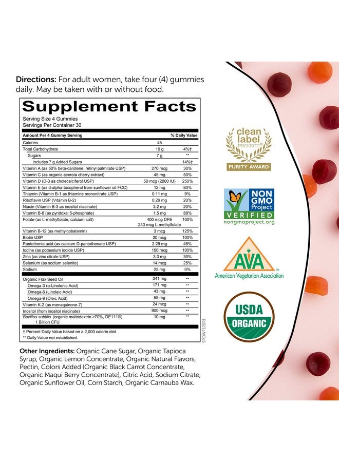 SmartyPants Organic Womens Multivitamin Daily Gummy Vitamins: Biotin Probiotics Vitamin C D3 B12 Omega 3 & Zinc For Immune Support Energy & Hair Skin & Nails 120 Gummies 30 Day Supply - Image 3