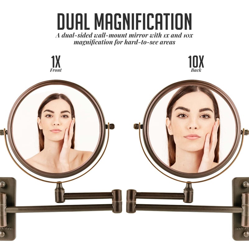 Ovente 7"" Wall Mounted Makeup Mirror - 1X/ 10X Magnification  Rotating 360-Degree  Double-Sided  Extendable & Folding Arm  Clear-View Bathroom & Vanity D?Cor  Classic Antique Bronze Mnlfw70Abz1X10X - Image 2