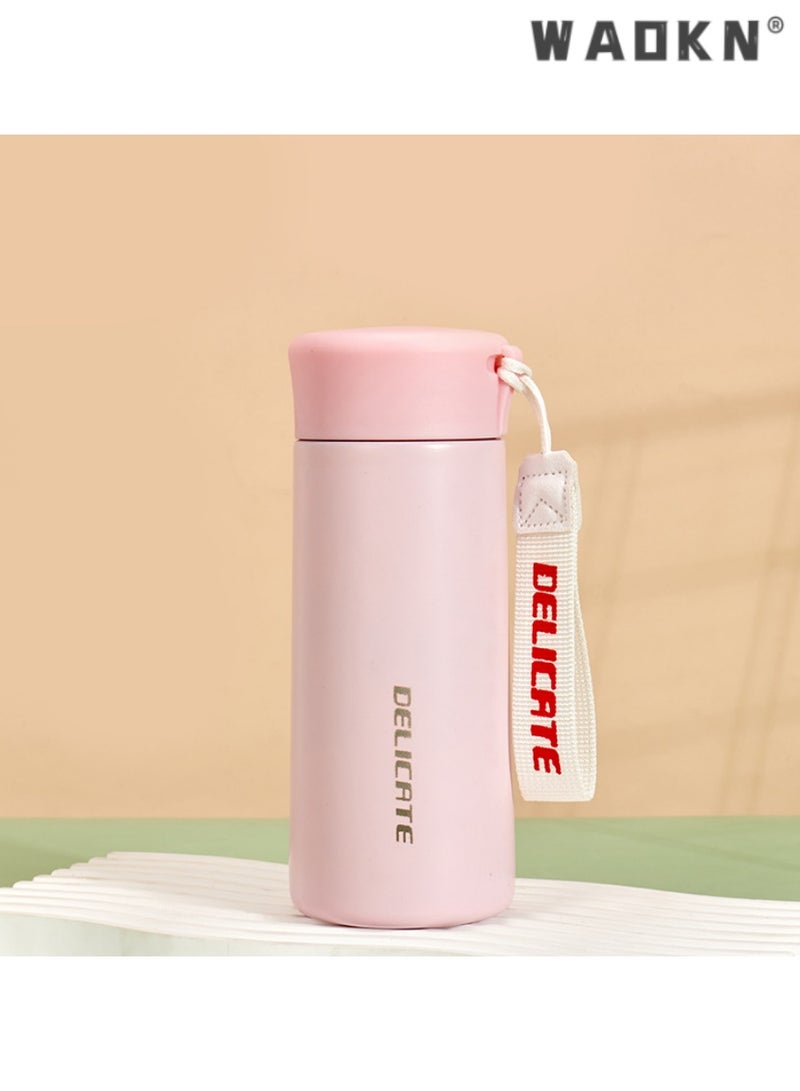 WAOKN Premium 316L stainless steel 350ml mini vacuum-insulated cup, tailored for men and students, simple and stylish cup with outdoor portable rope pocket（pink） - Image 1