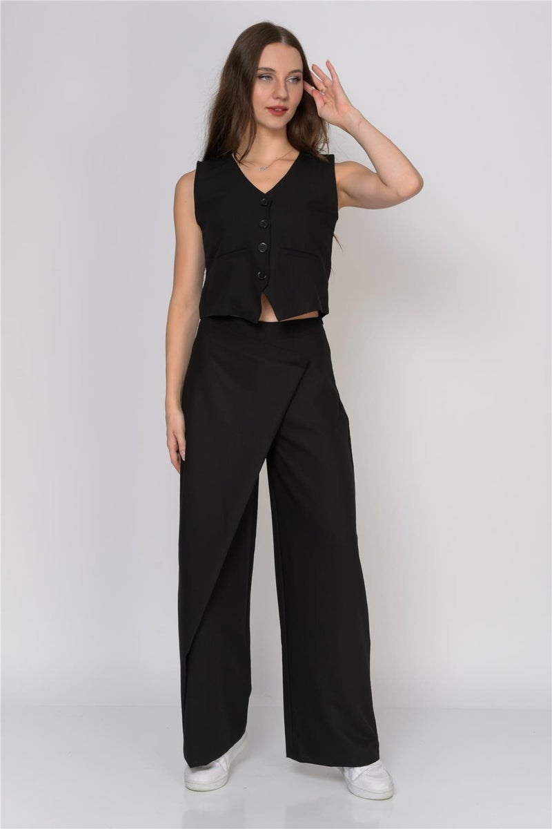 Front Button Detail Pareo Trousers & Vest Black